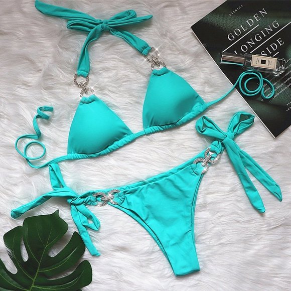 NEW Sparkling Bling Crystal Rhinestone Bikini Swimsuit Beachwear + Gift! - Picture 14 of 15